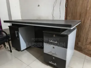 Modern Desk With a Two-Tone Grey Finish and Silver Handles.