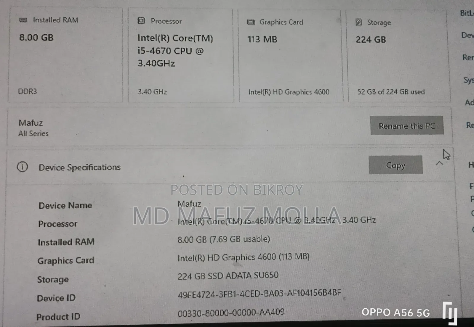 Desktop Computer Asus 8GB Intel Core i5 SSD 256GB