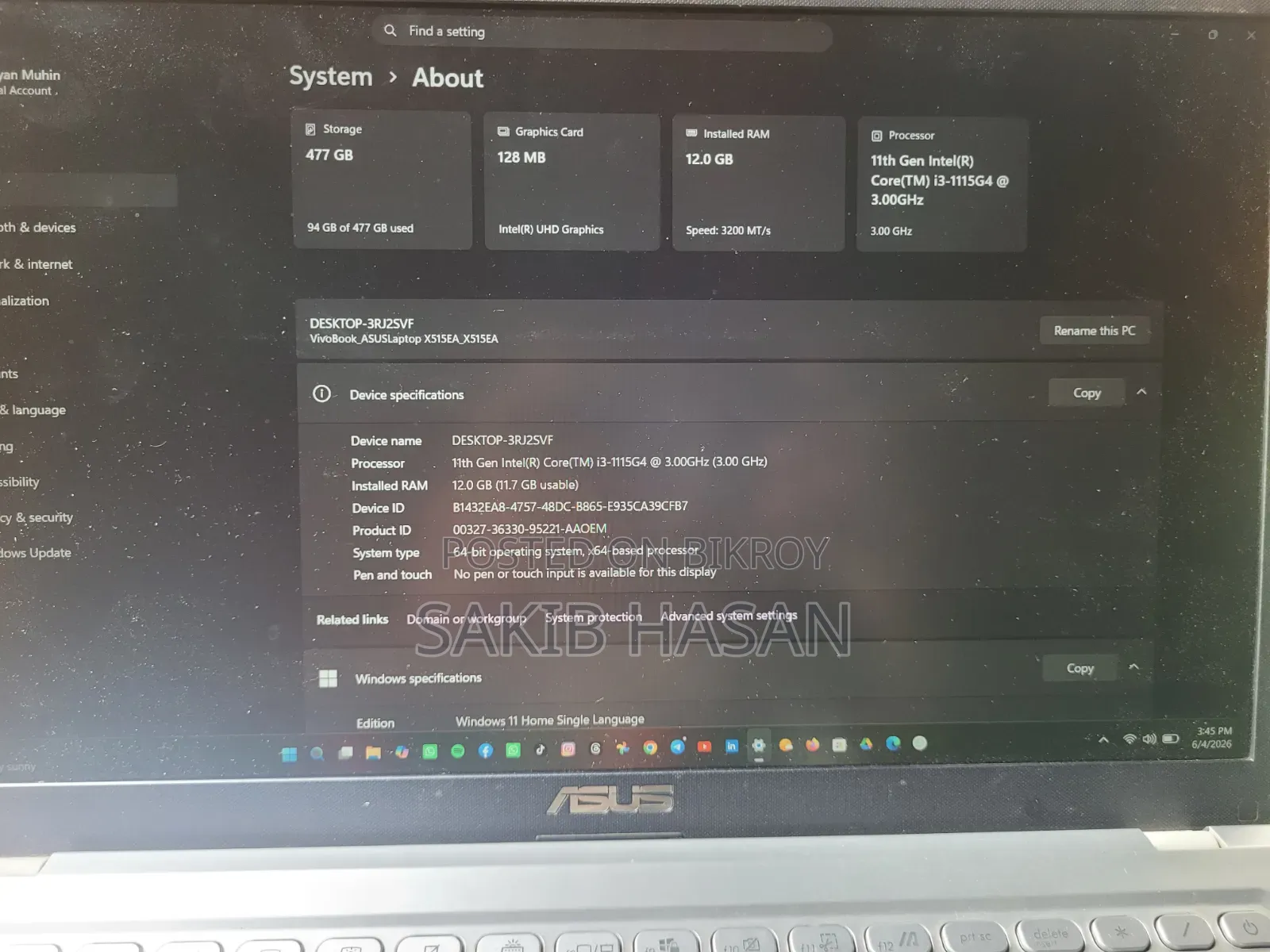 Laptop Asus 12GB Intel Core I3 SSD 500GB