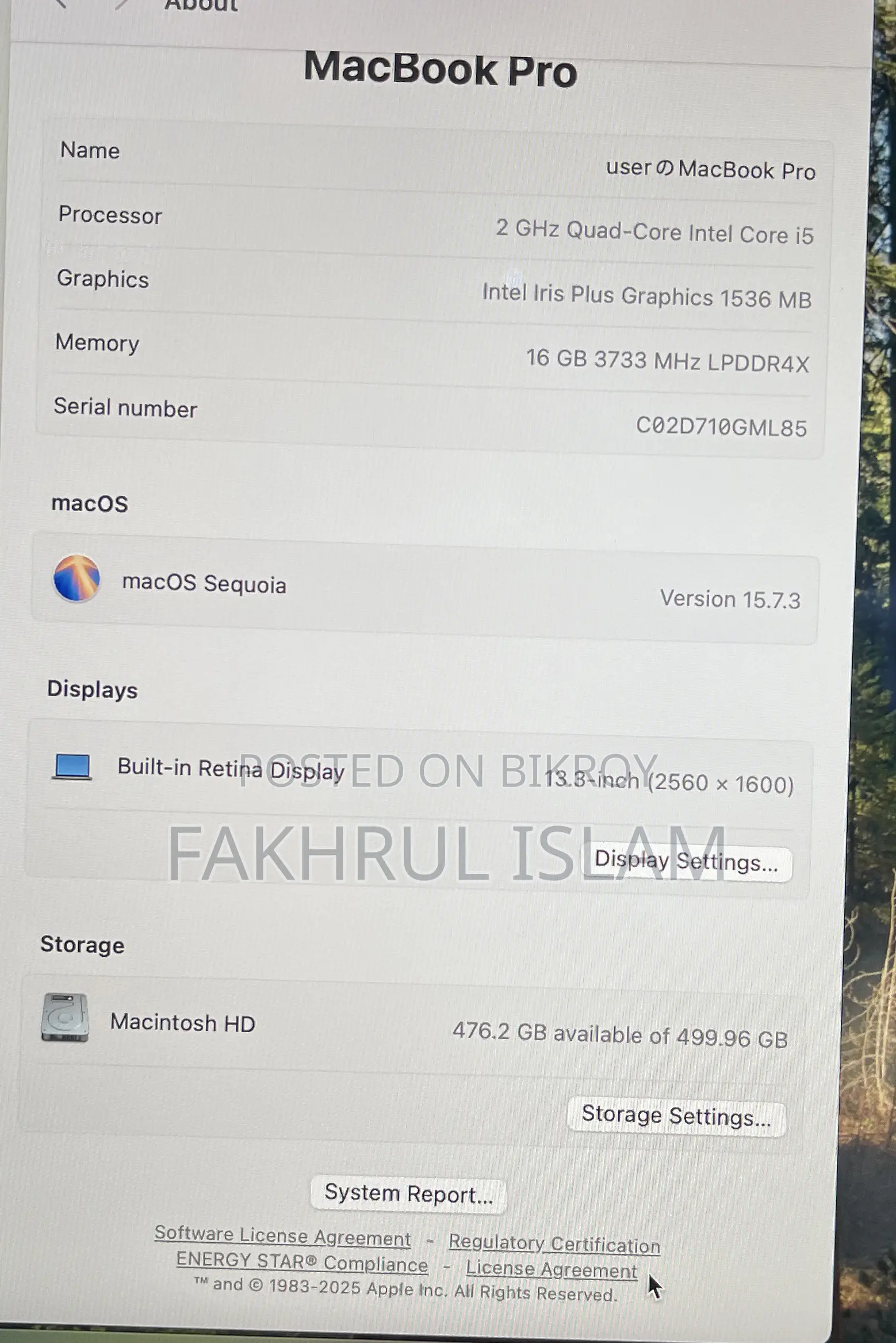 Laptop Apple MacBook 2020 16GB Intel Core I5 SSD 512GB