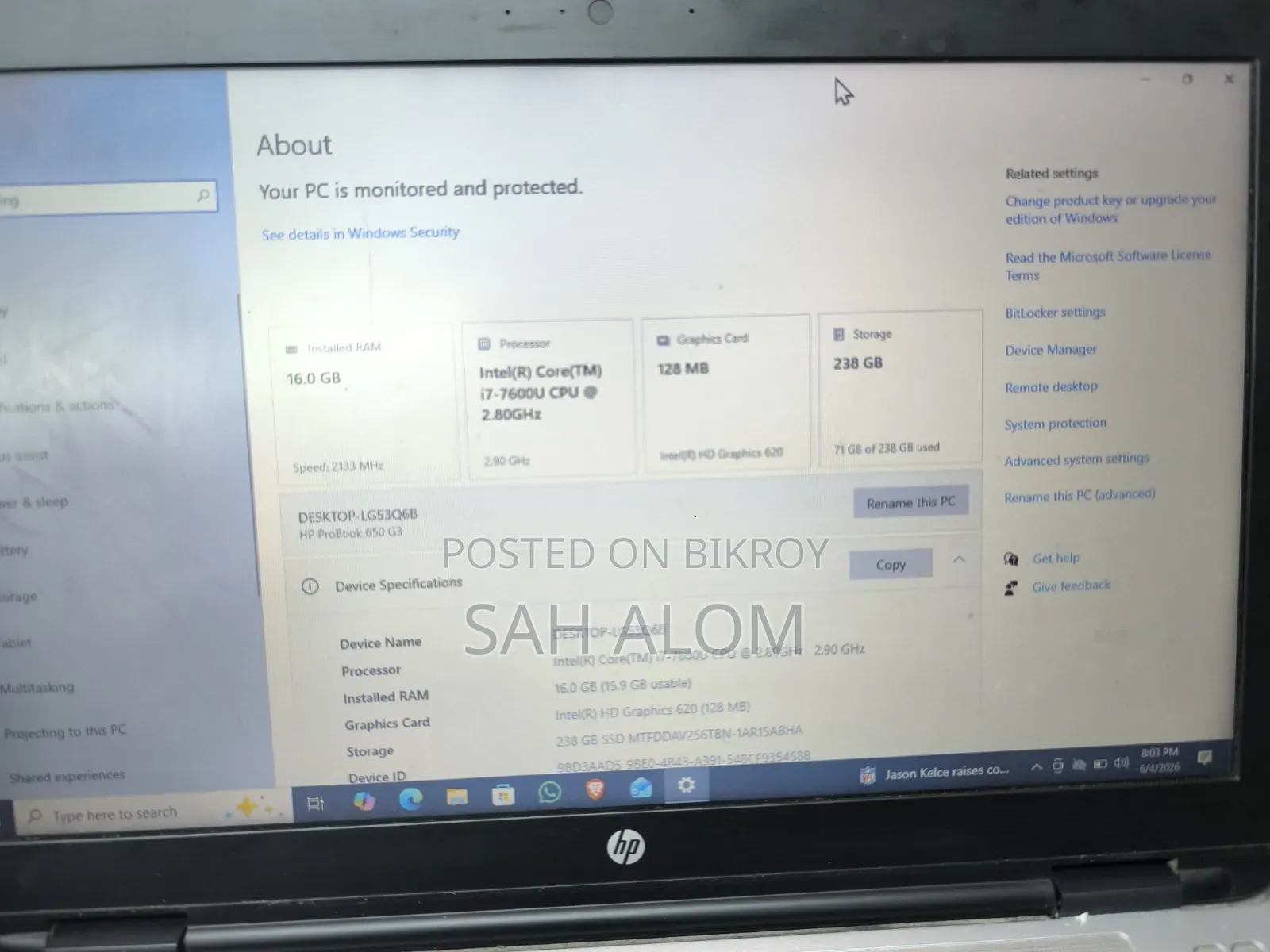 Laptop HP 650 G3 16GB Intel Core I7 SSD 256GB