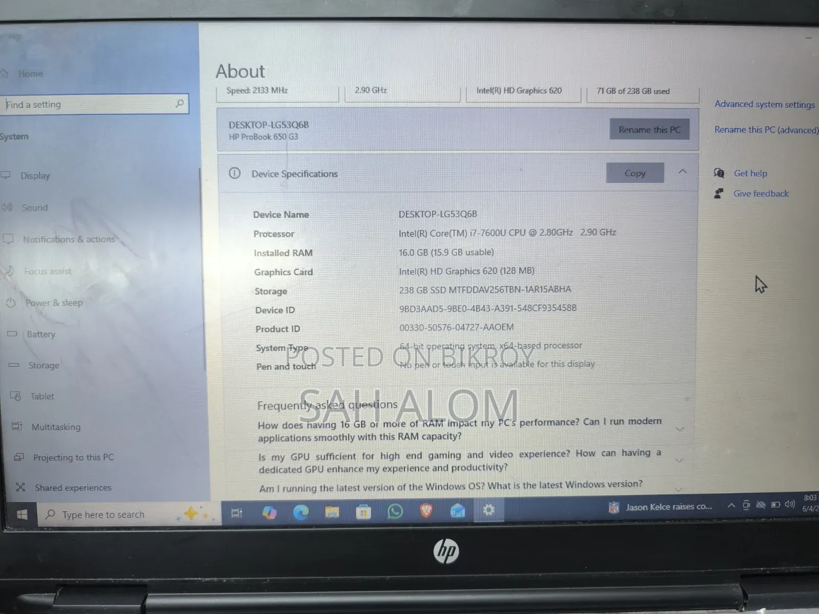 Laptop HP 650 G3 16GB Intel Core I7 SSD 256GB