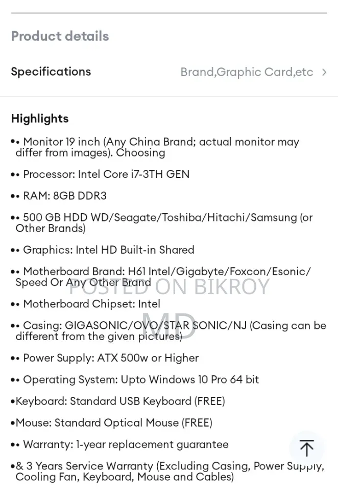 Desktop Computer 8GB Intel Core I7 HDD 500GB