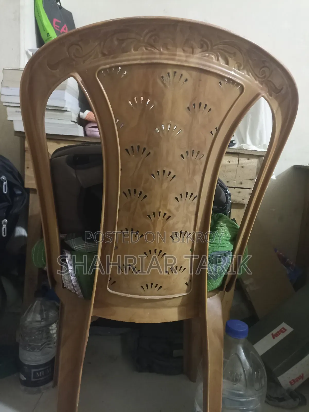 Wooden table, plastic chair
