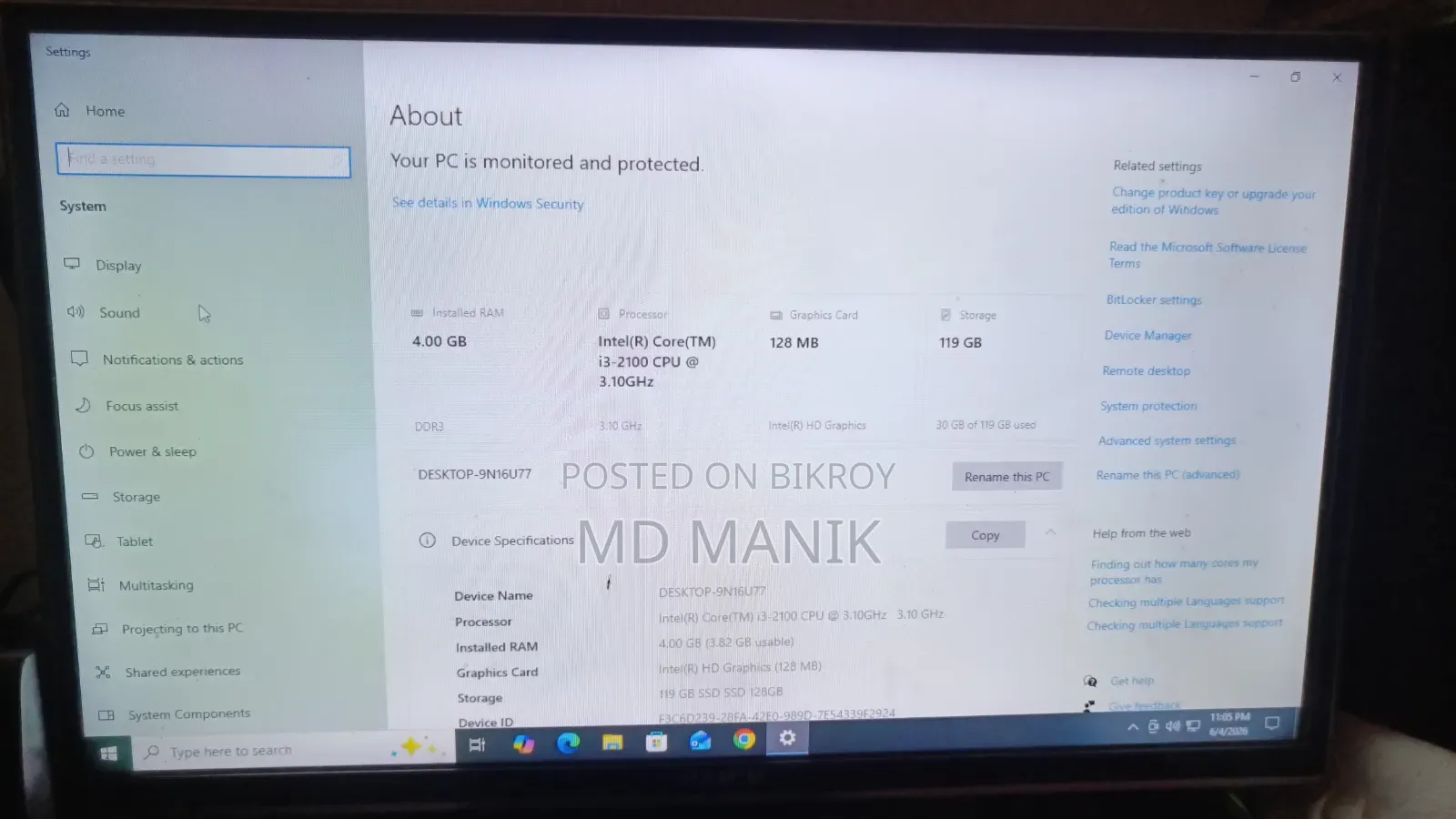Desktop Computer 4GB Intel Core I3 SSD 128GB