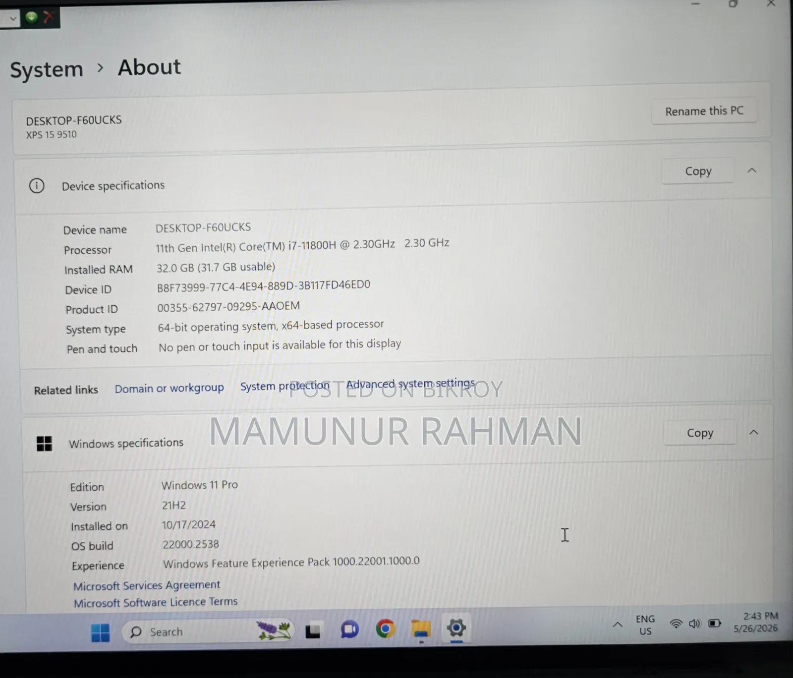 Laptop Dell XPS 15 32GB Intel Core i7 SSD 2T