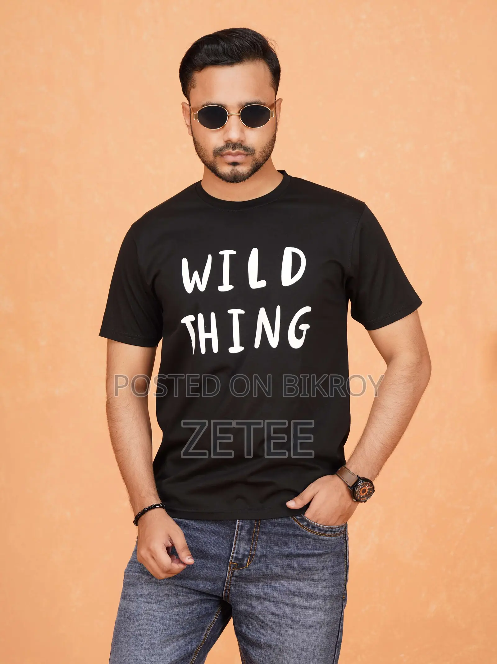Zetee's Black Printed Premium Cotton Round Neck T-Shirt for Men in Bd