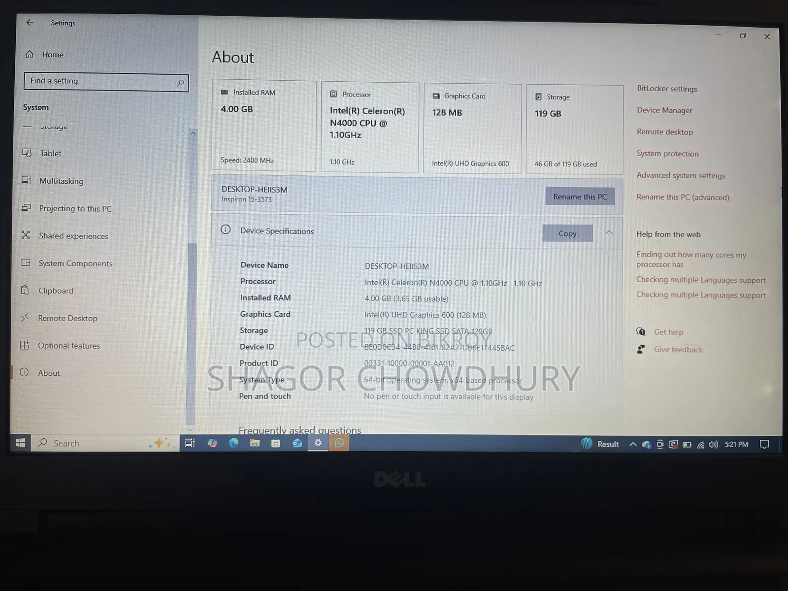 Laptop Dell Inspiron 15 3537 4GB Intel SSD 128GB