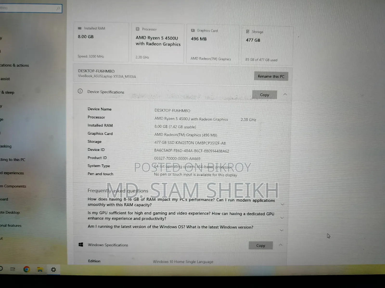 Laptop Asus VivoBook 15 X510UQ 8GB AMD Ryzen 5 SSD 500GB