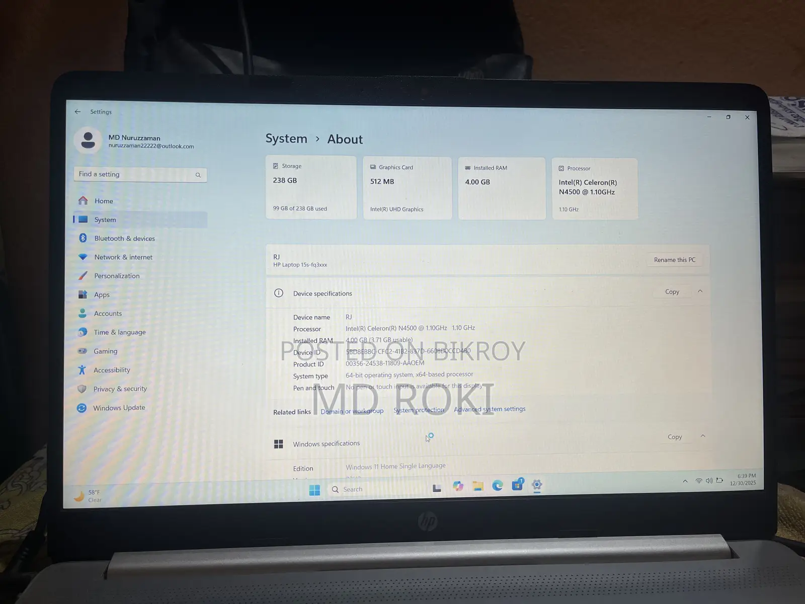 Laptop HP 4GB Intel Celeron eMMC 256GB