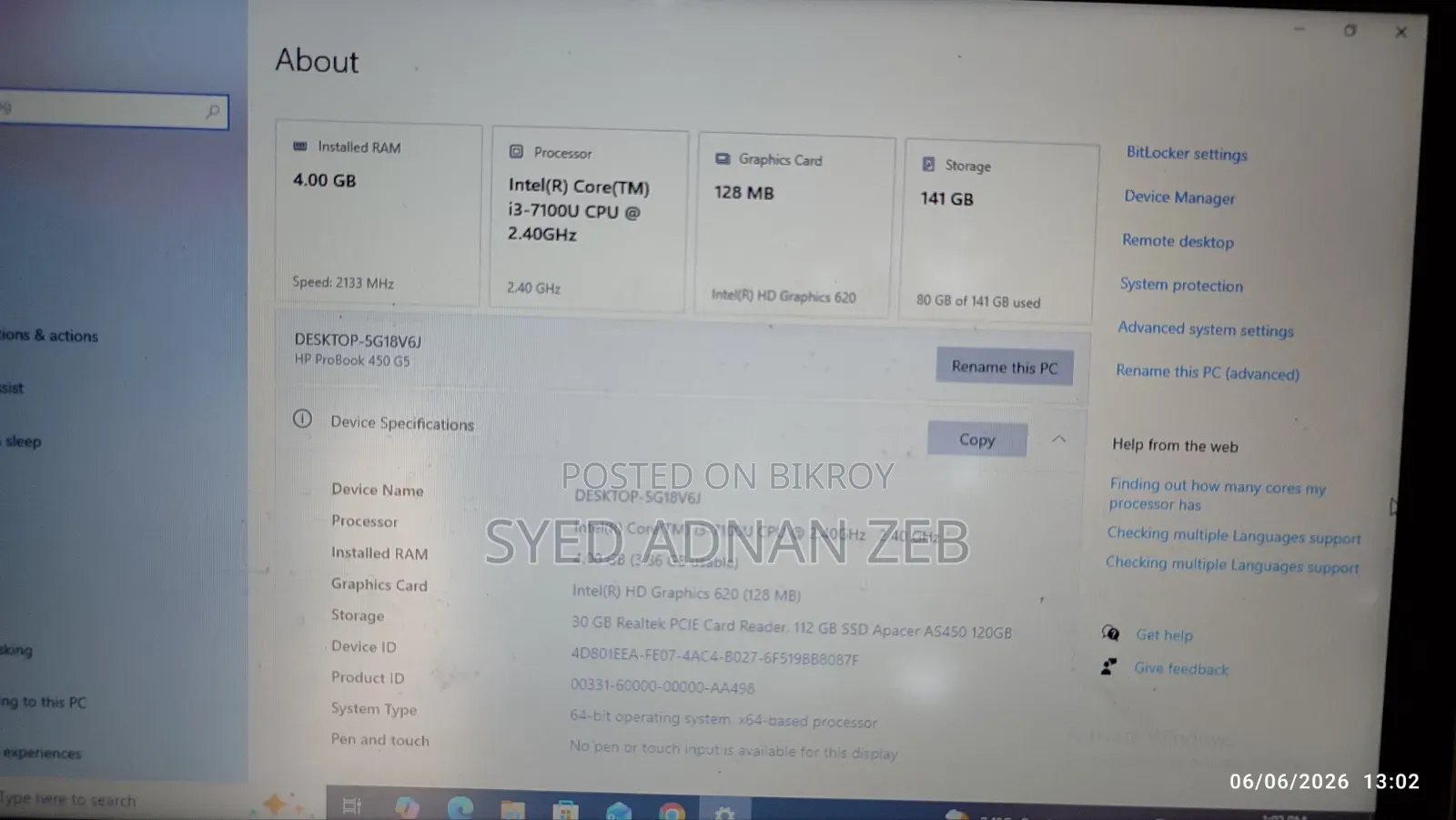 Laptop HP ProBook 450 G5 4GB Intel SSD 128GB