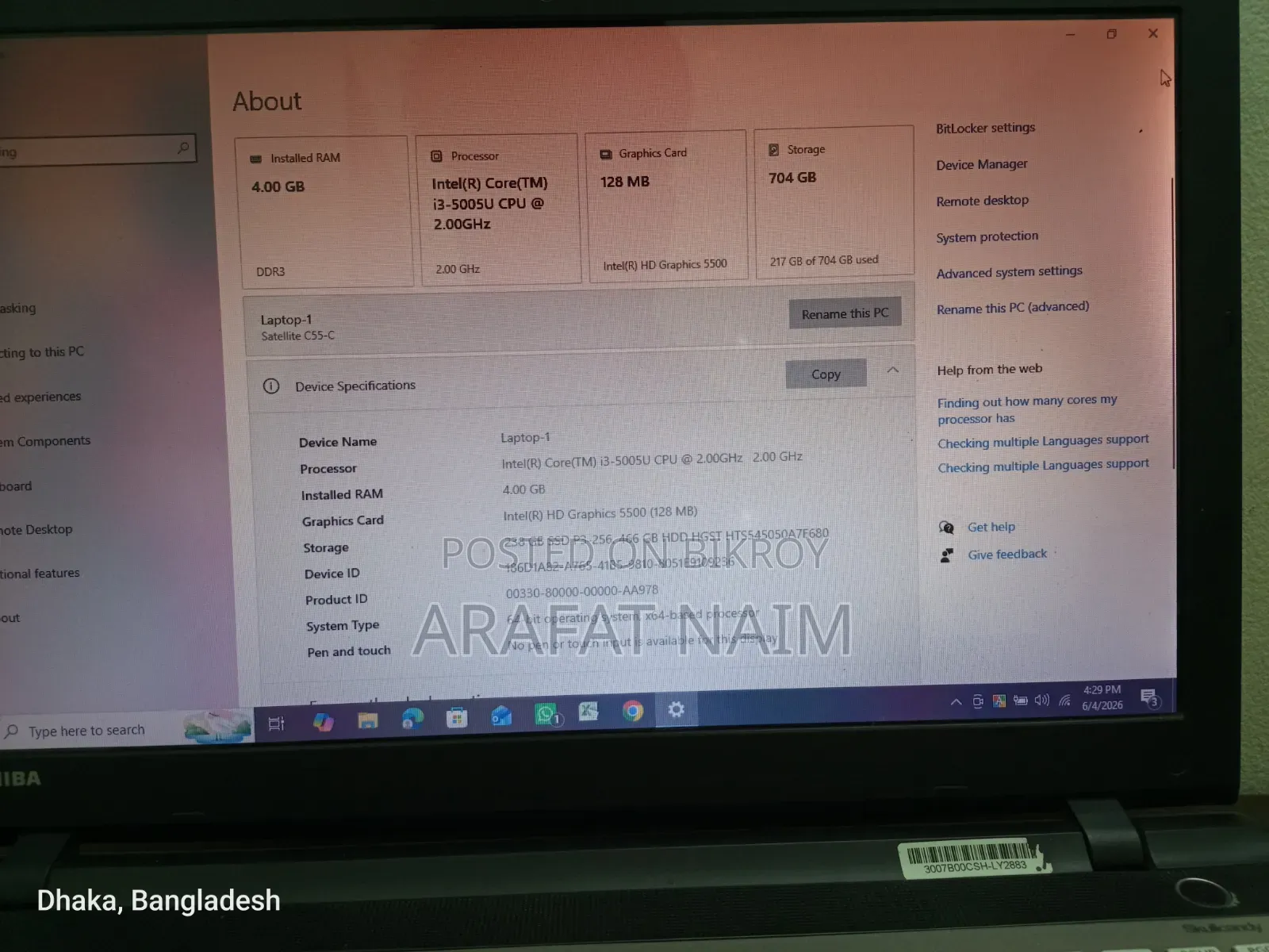 Laptop Toshiba Satellite C55 4GB Intel Core I3 HDD+SSD 750GB
