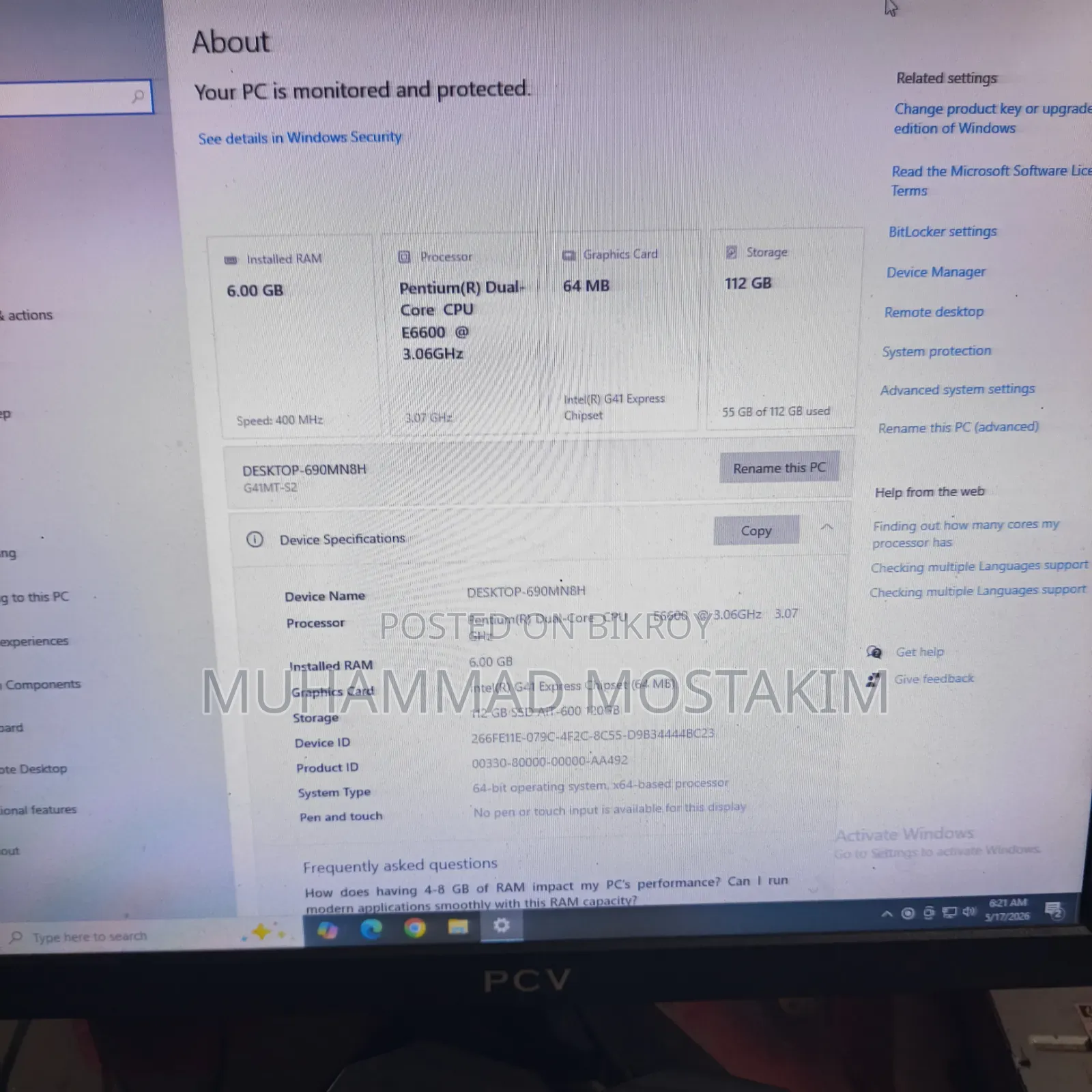 Desktop Computer 6GB Intel Pentium SSD 128GB