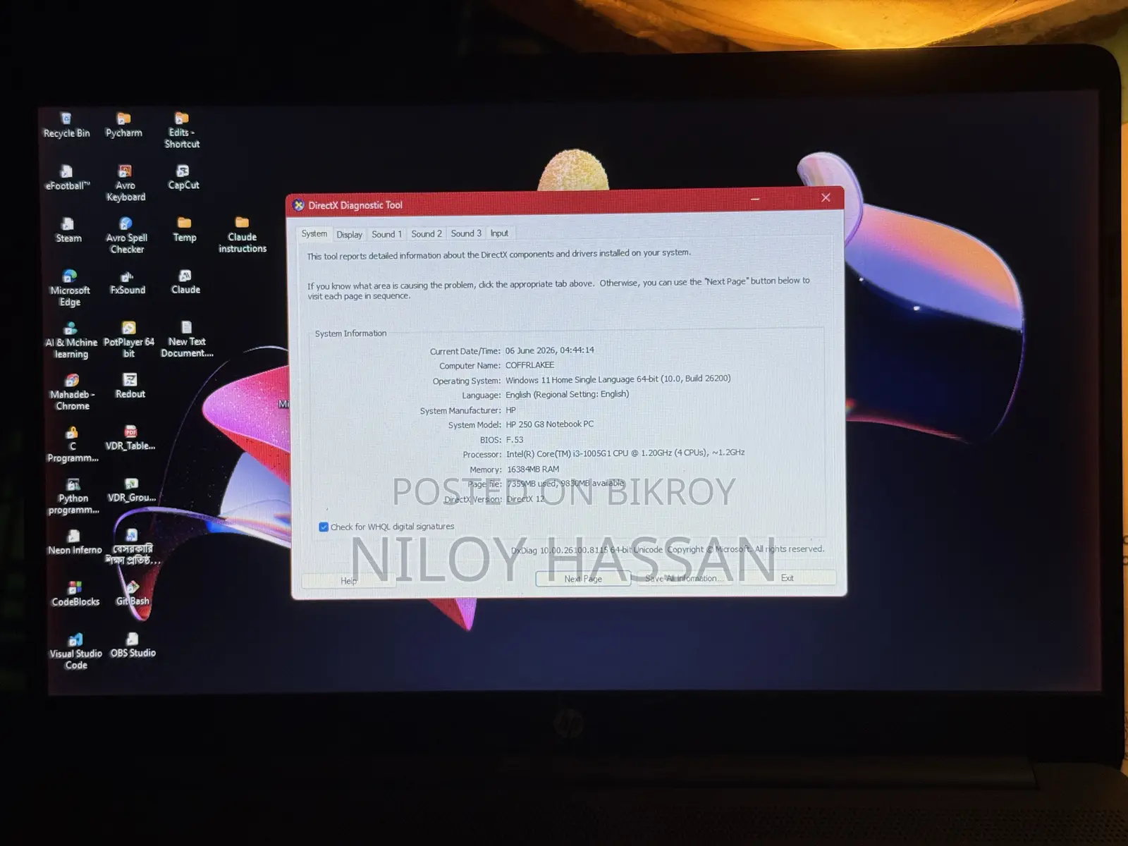 Laptop HP 250 G8 16GB Intel Core I3 HDD+SSD 1T