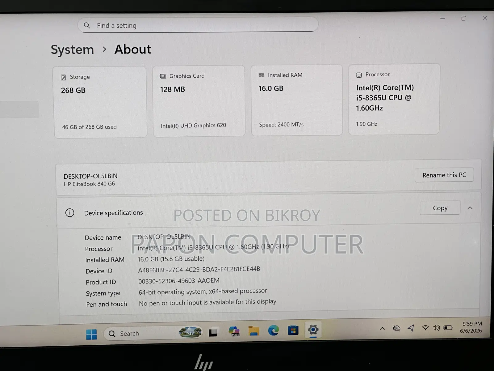 Laptop HP EliteBook 840 G6 16GB Intel Core I5 SSD 256GB