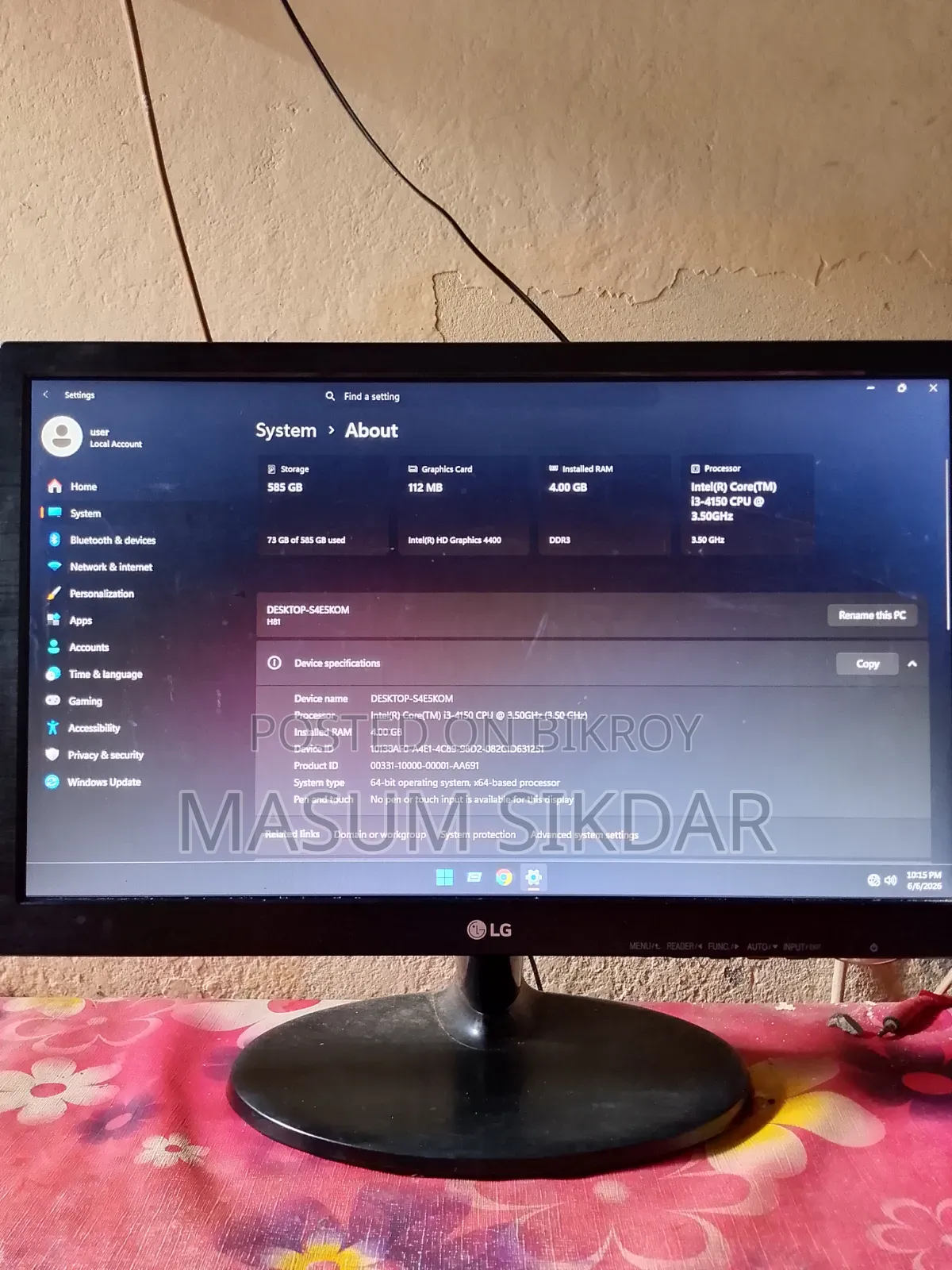 Desktop Computer 4GB Intel Core I3 SSD 512GB