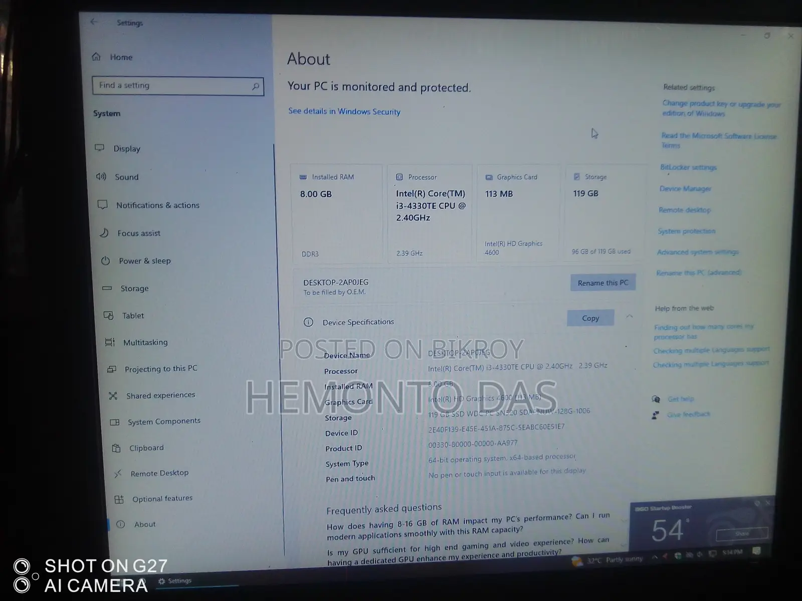 Desktop Computer 8GB Intel Core i3 HDD+SSD 128GB