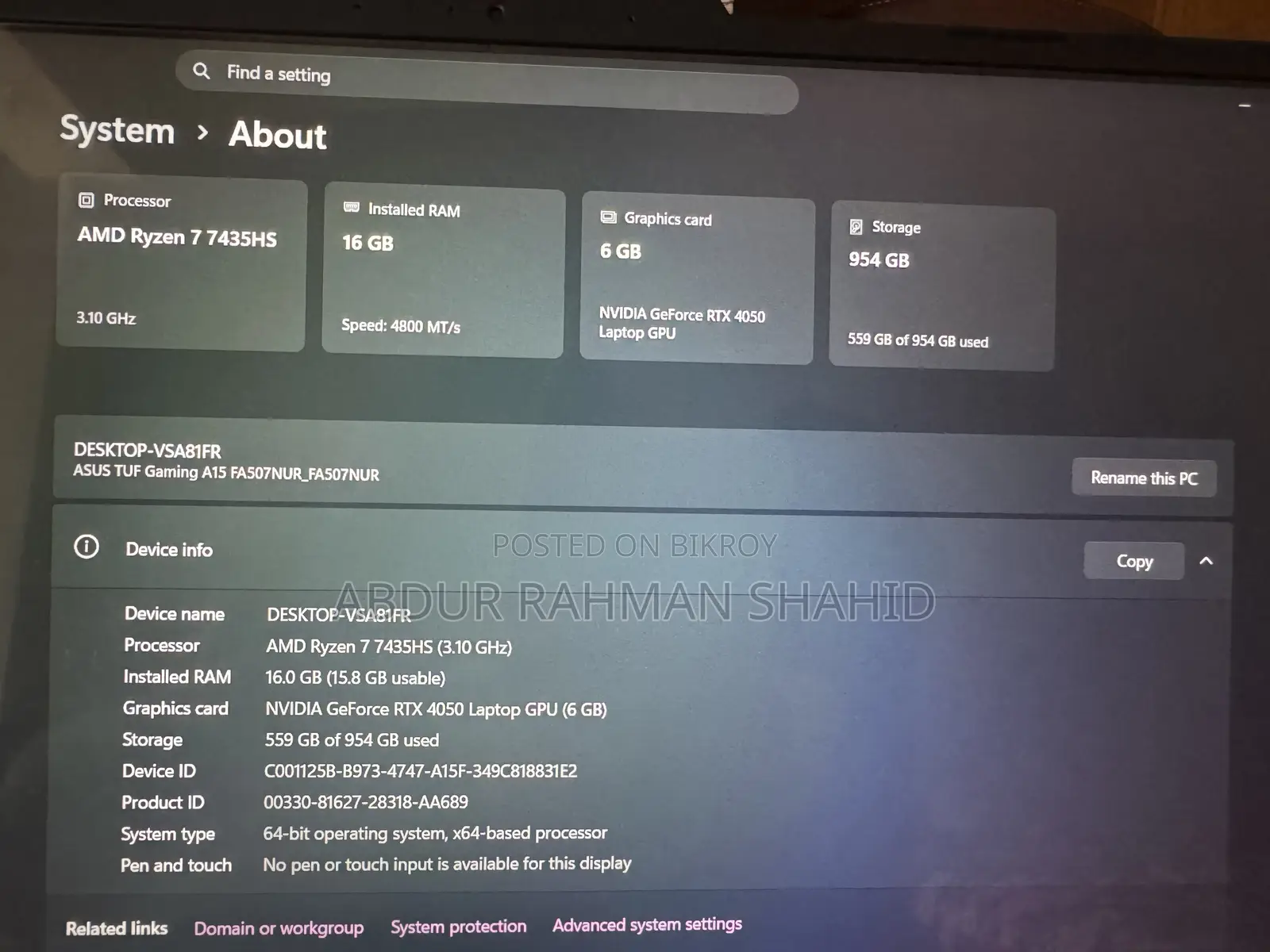 Laptop Asus TUF Gaming A15 16GB AMD Ryzen 7 SSD 1T