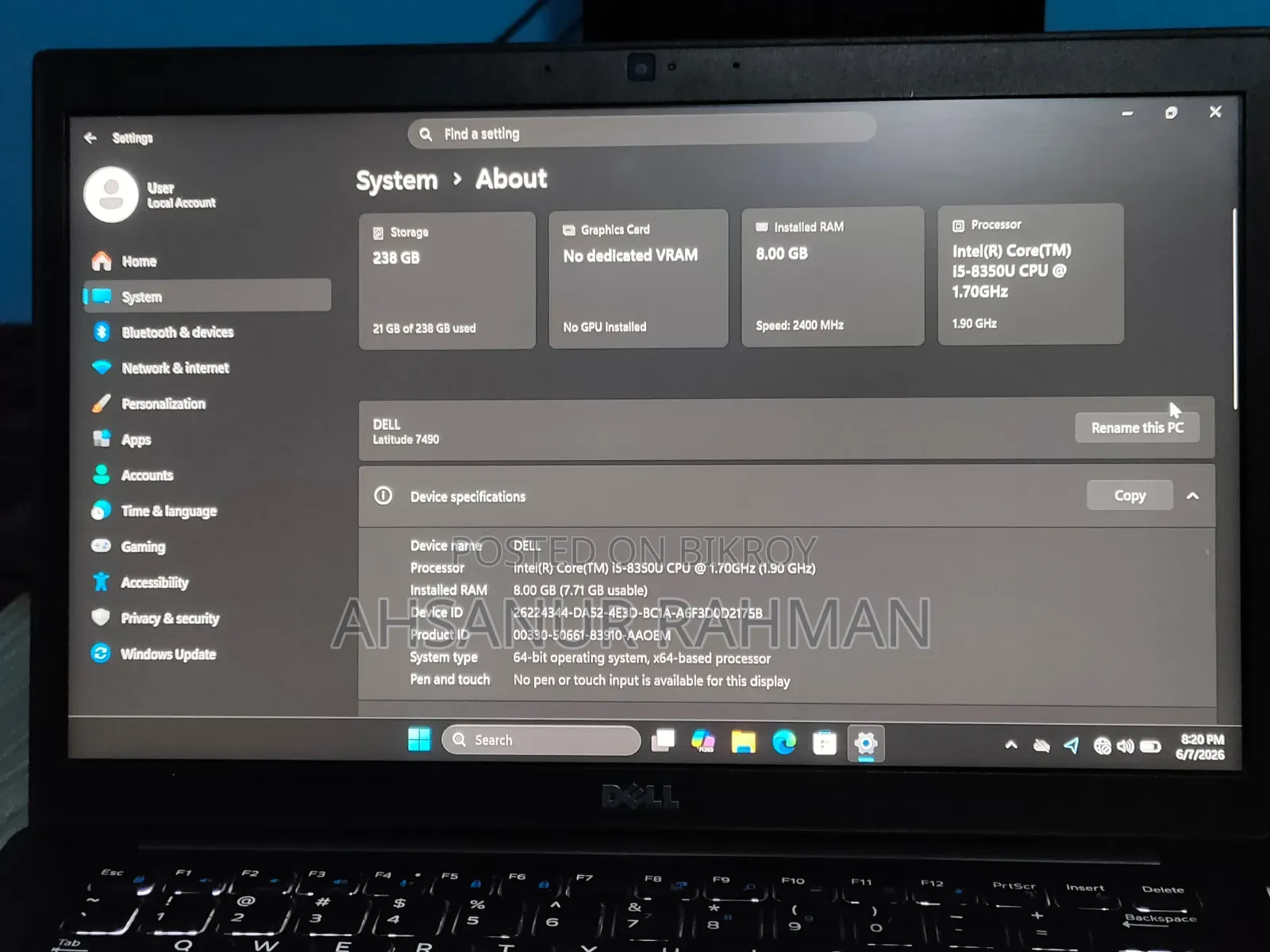 Laptop Dell Latitude 7490 8GB Intel Core i5 SSD 256GB