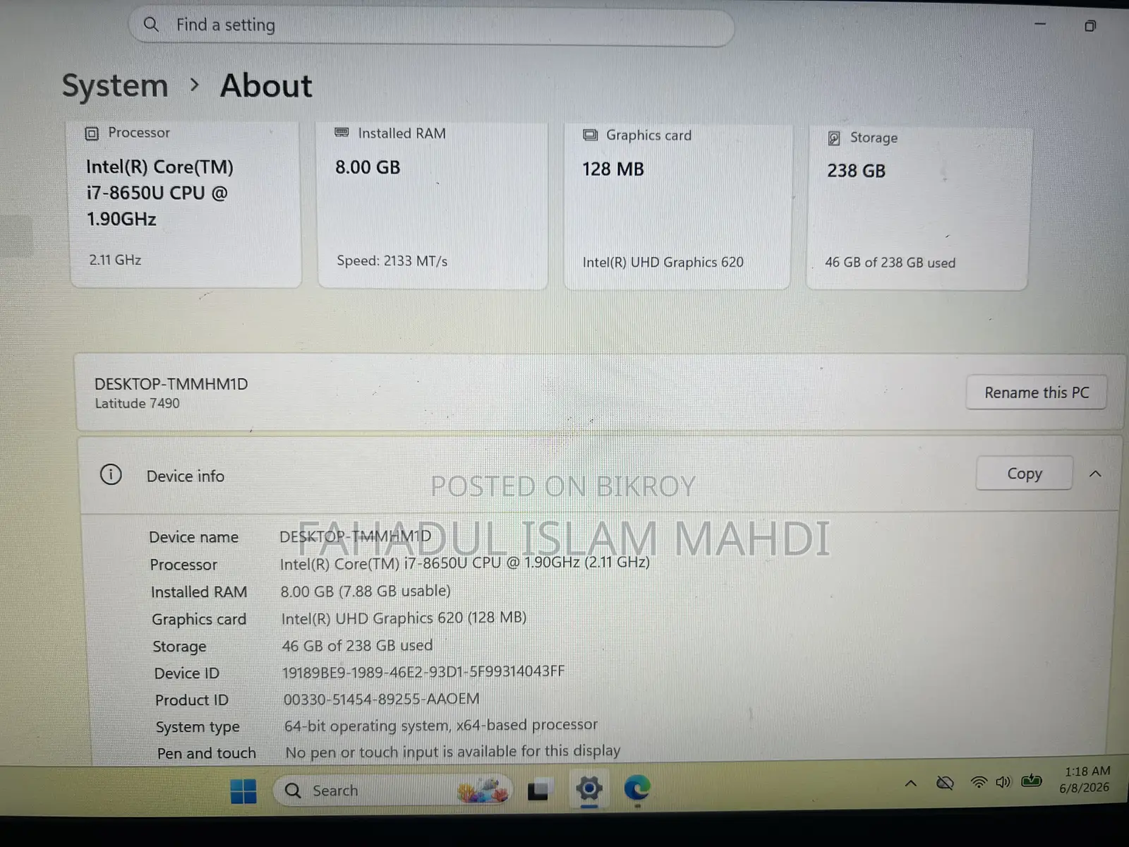 Laptop Dell Latitude 7490 8GB Intel Core i7 SSD 256GB