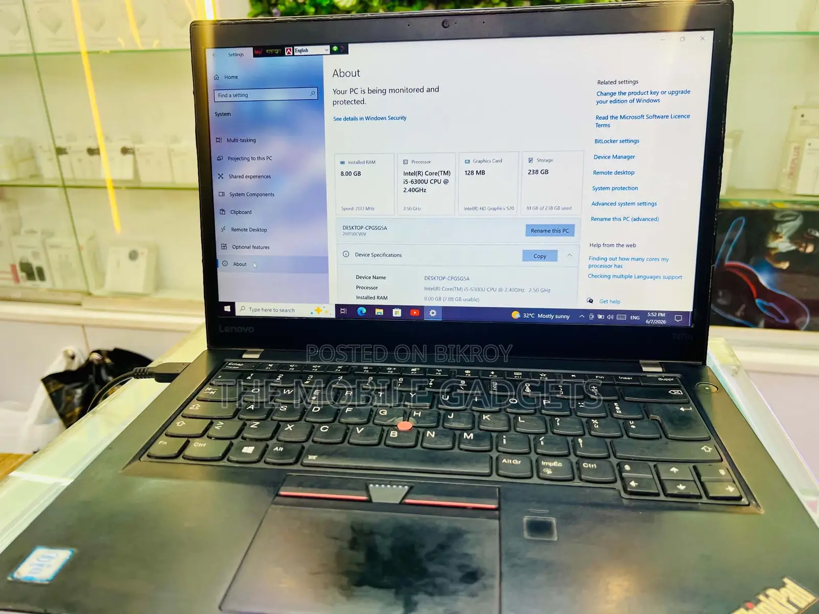 Laptop Lenovo ThinkPad T470 8GB Intel Core i5 SSD 256GB