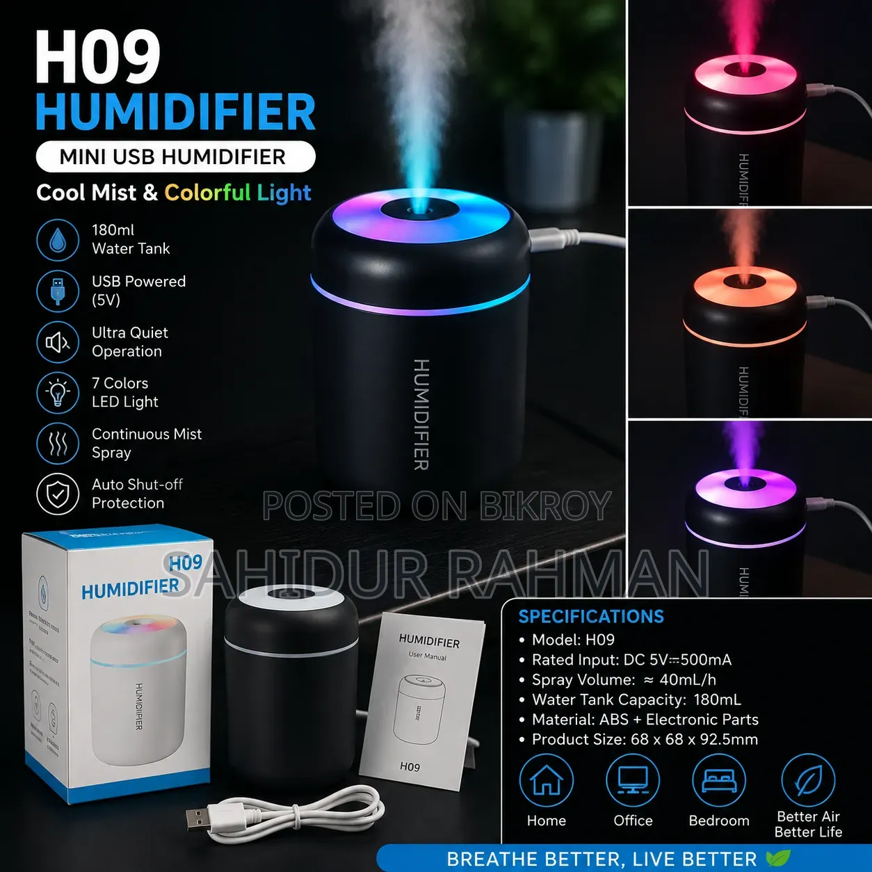 H09 Mini Usb Humidifier | Rgb Light | 180ml Water Tank | New