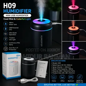 H09 Mini Usb Humidifier | Rgb Light | 180ml Water Tank | New