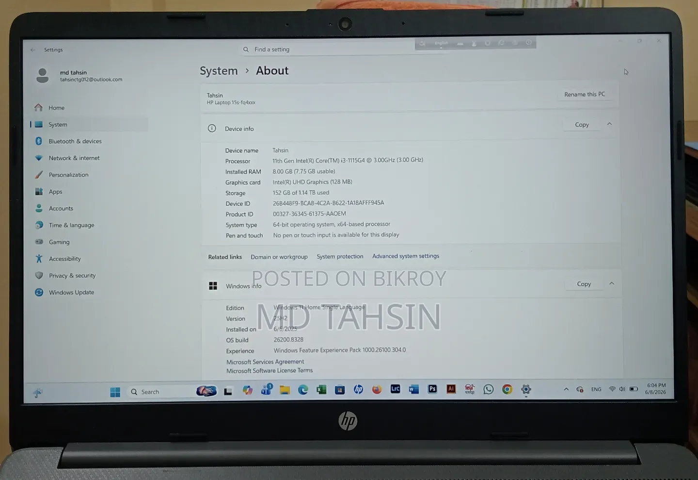 Laptop HP 250 G8 8GB Intel Core I3 HDD+SSD 1T