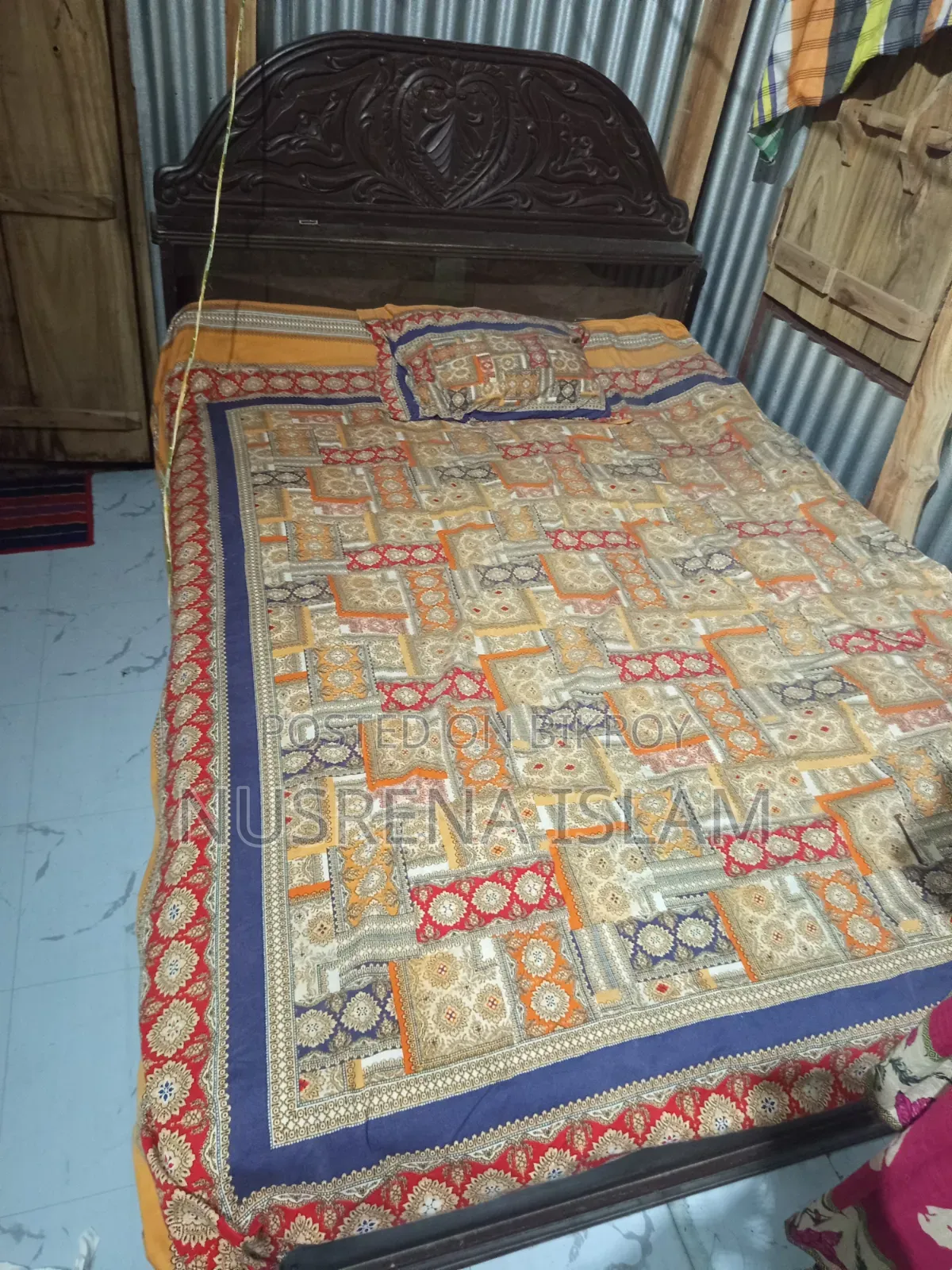 Bed including mattress. Teak wood bed.
