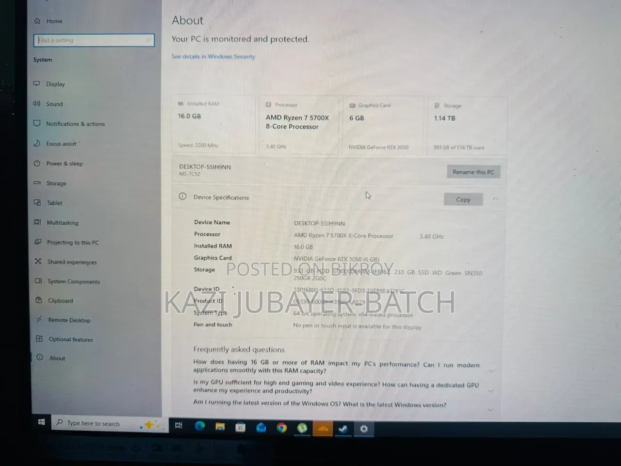 Desktop Computer 16GB AMD Ryzen 7 SSD 250GB