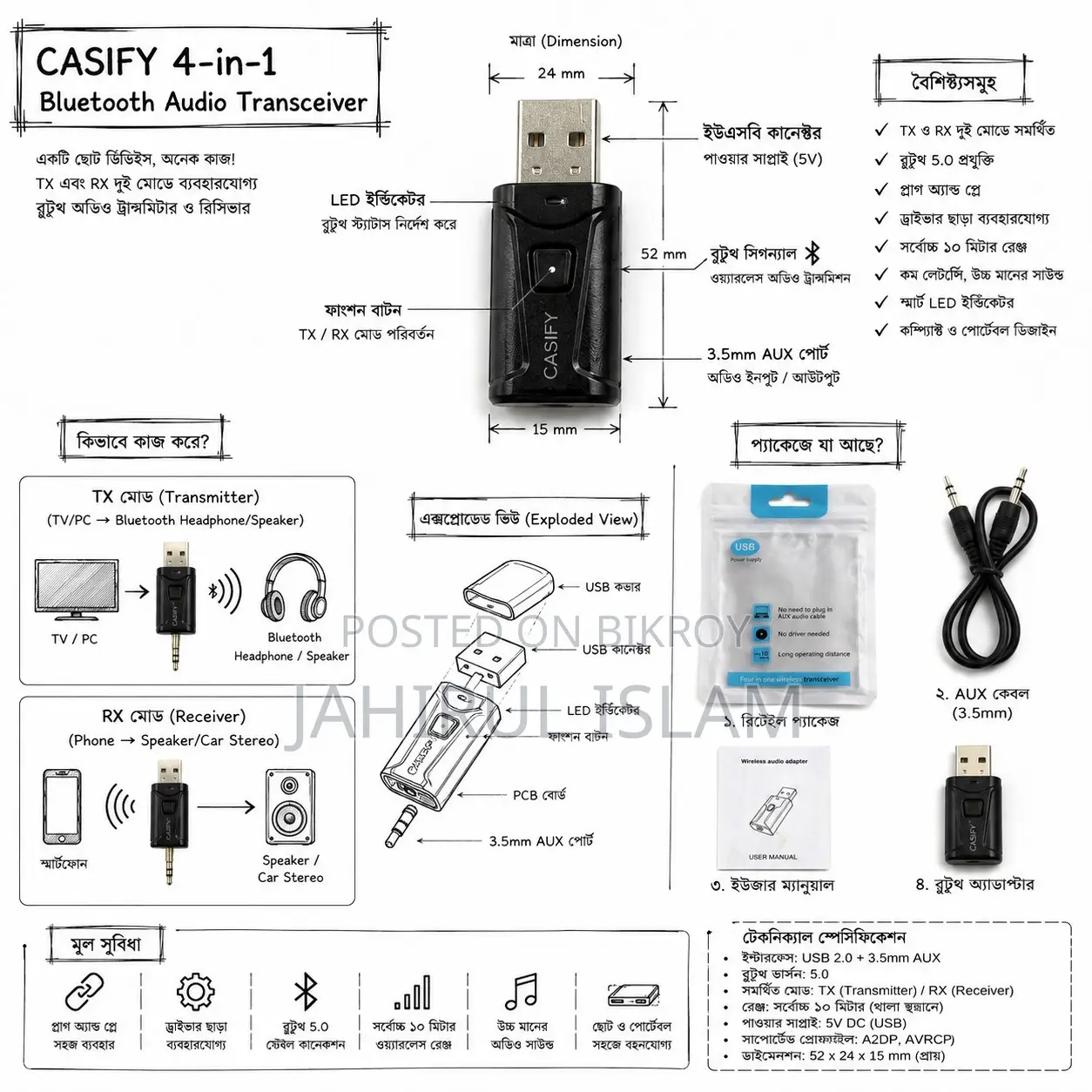 Casify ৪-ইন-১ ব্লুটুথ অডিও ট্রান্সসিভার (Tx/Rx) | নতুনের মতো |