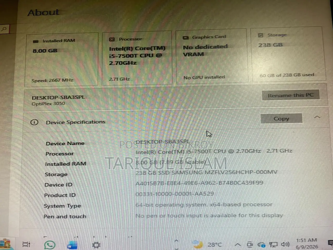 Desktop Computer Dell OptiPlex 3050 8GB Intel Core I5 SSD 256GB