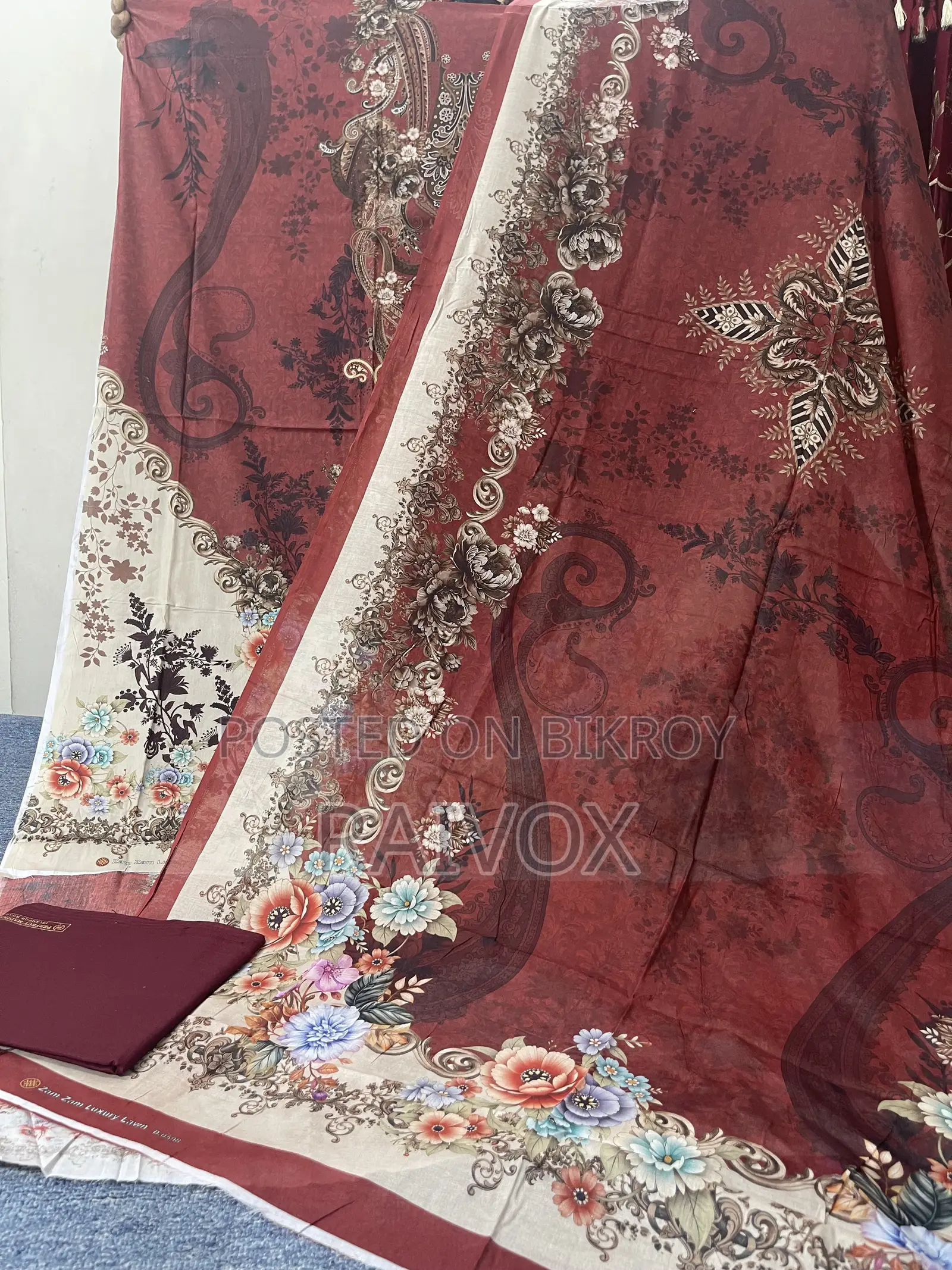 Deep Maroon Floral Zamzam Luxury Lawn Three Piece | 100% Pure Cotton