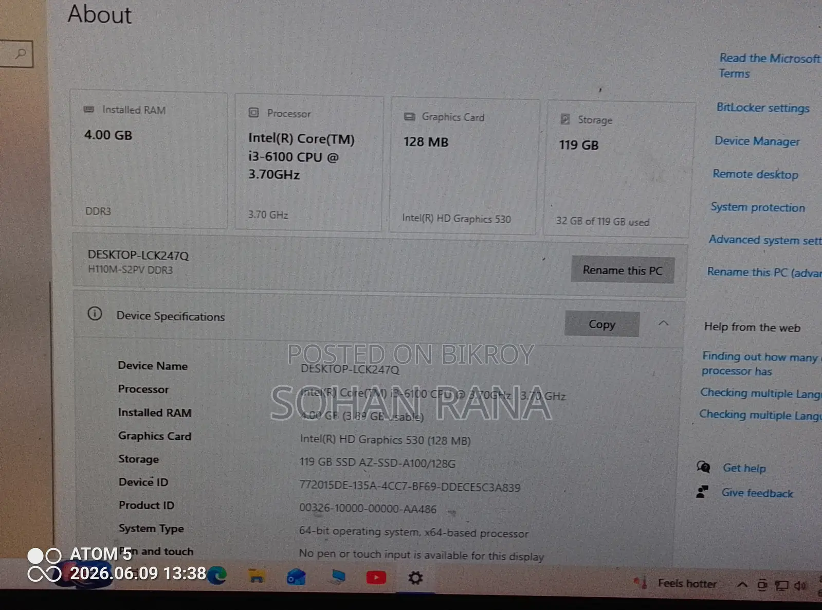 Gigabyte GA-H110MSTX-HD3-ZK 4GB Intel Core I7 SSD 128GB