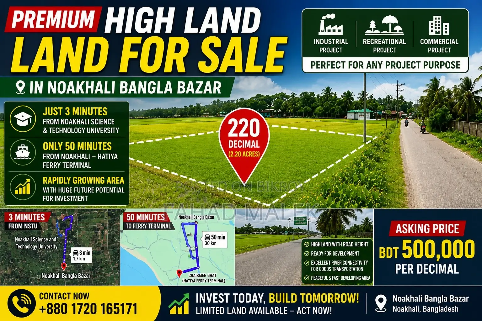 220 Decimal Prime Commercial Land Near Nstu – BDT 5 Lakh/Decimal