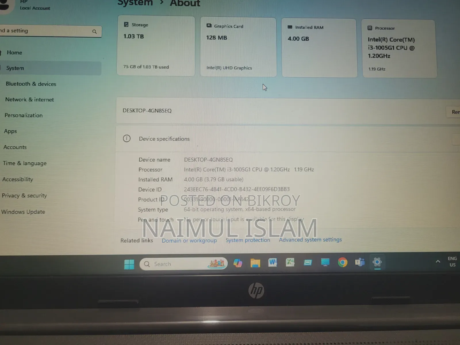 Laptop HP 250 G7 4GB Intel Core i3 HDD+SSD 1TB