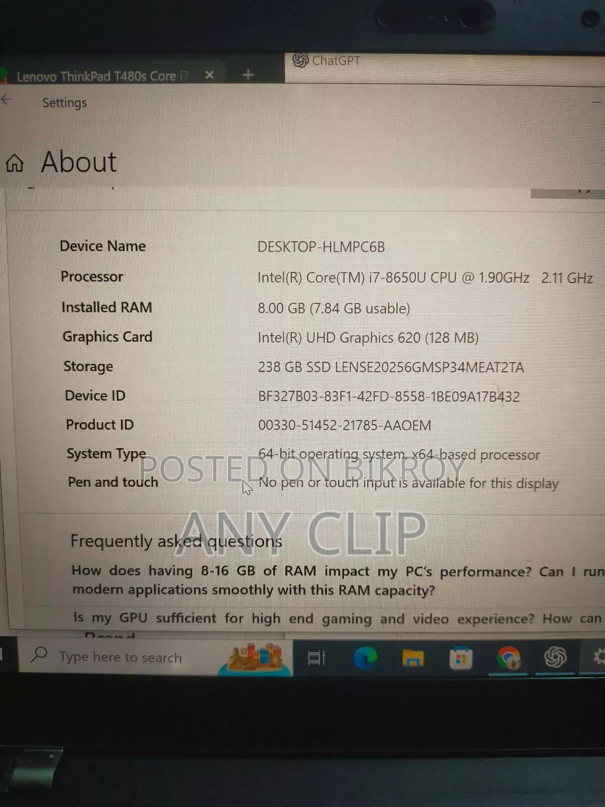 Laptop Lenovo ThinkPad T480s 8GB Intel Core I7 SSD 256GB