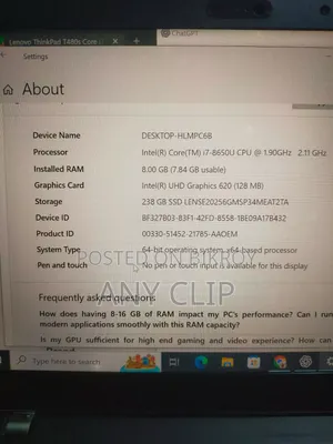 Laptop Lenovo ThinkPad T480s 8GB Intel Core I7 SSD 256GB