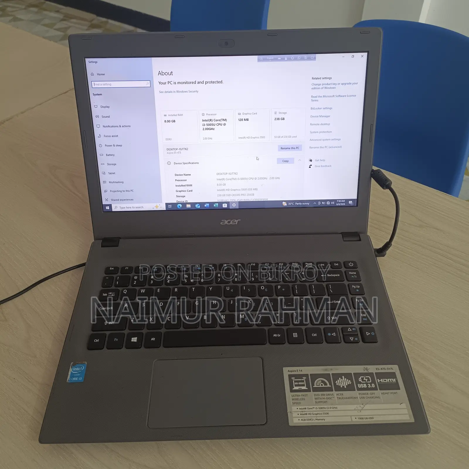 Laptop Acer Aspire E 8GB Intel Core I3 SSD 256GB