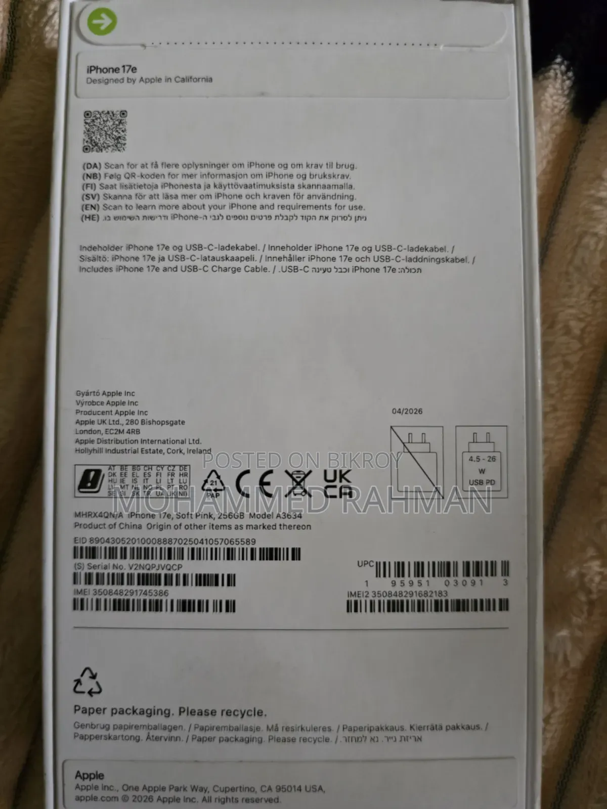 New Apple iPhone 17e 256 GB Pink