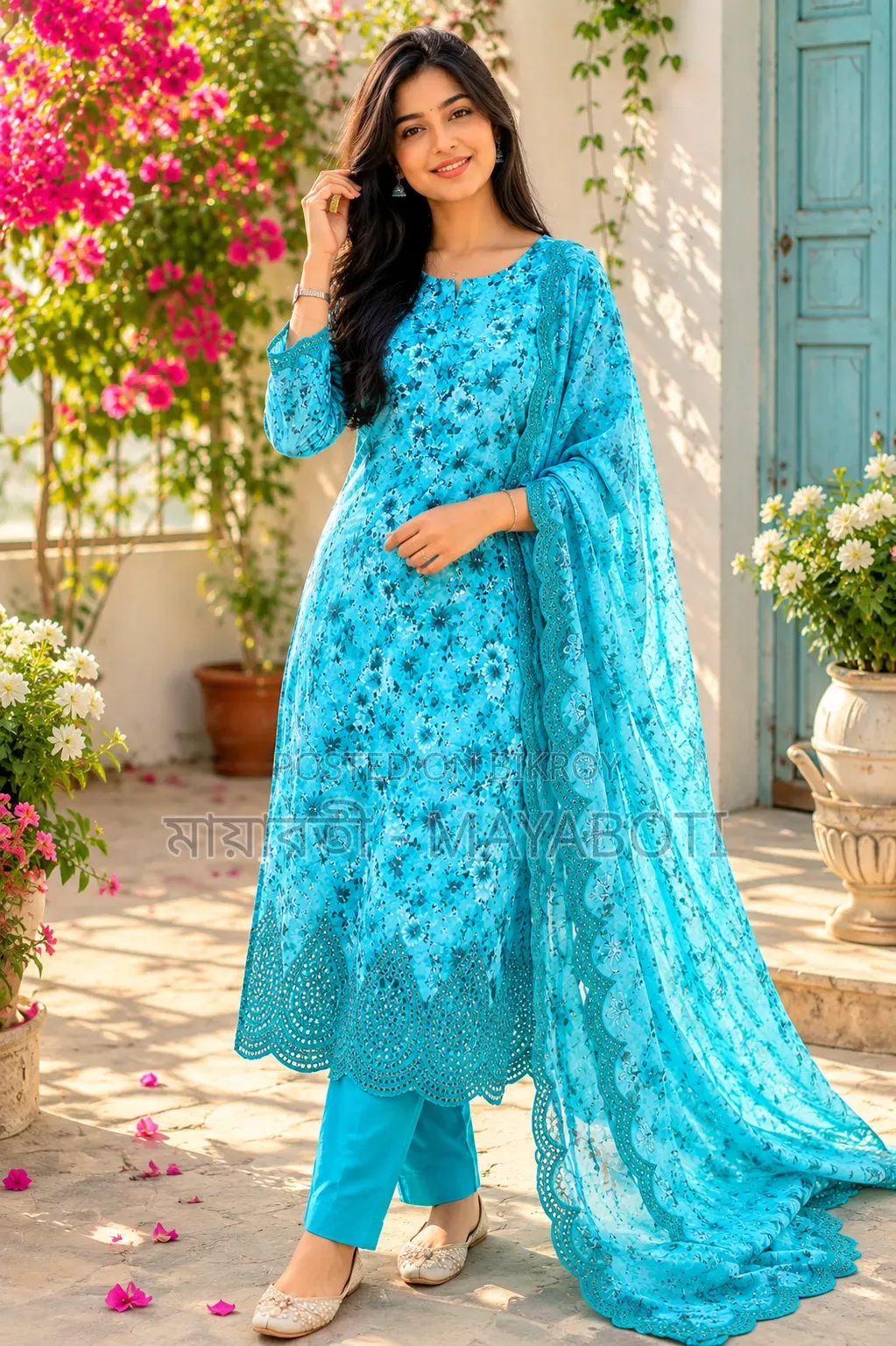 Premium Cotton Three Piece for Women | Sky Blue Floral Design
