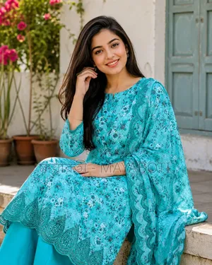 Premium Cotton Three Piece for Women | Sky Blue Floral Design