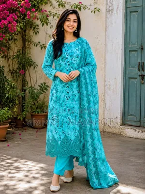 Premium Cotton Three Piece for Women | Sky Blue Floral Design