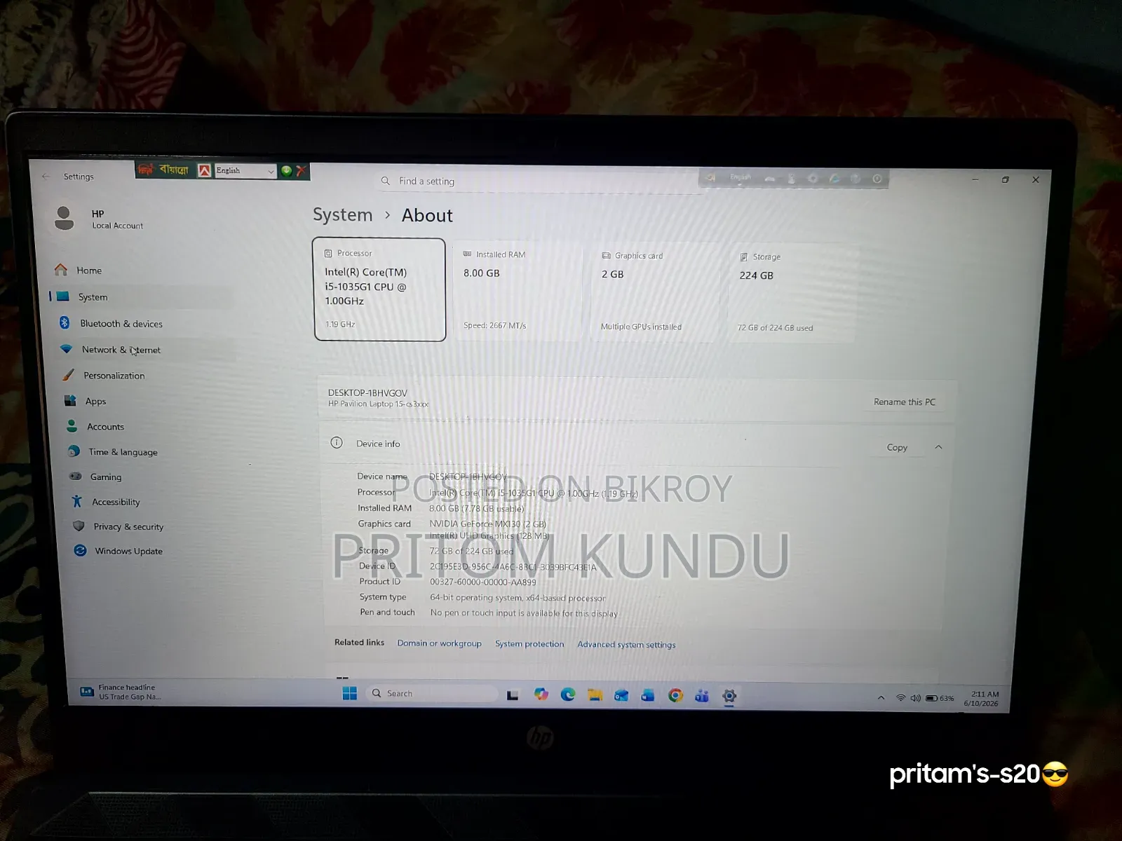 Laptop HP 8GB Intel SSD 256GB