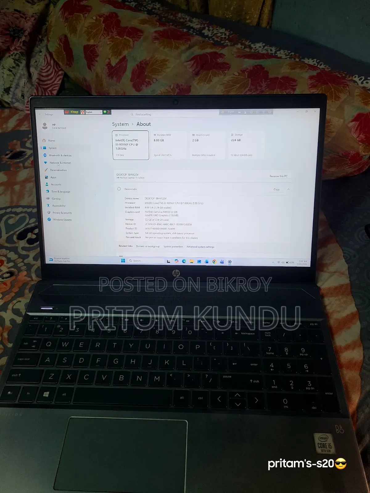 Laptop HP 8GB Intel SSD 256GB