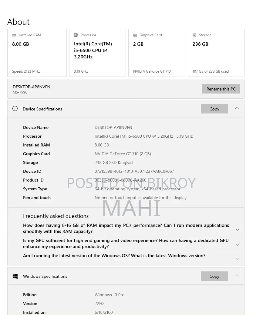 Desktop Computer MSI Model 8GB Intel Core I5 SSD 256GB