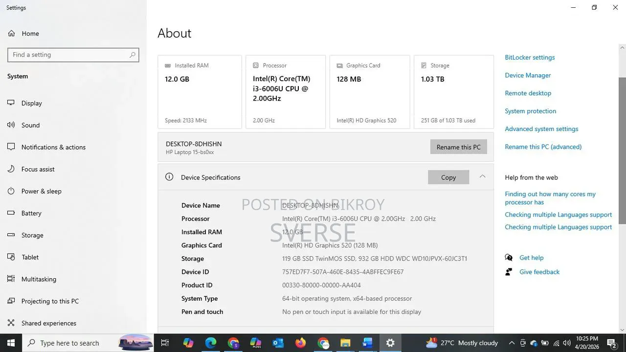Laptop HP 15 12GB Intel Core I3 HDD+SSD 1T