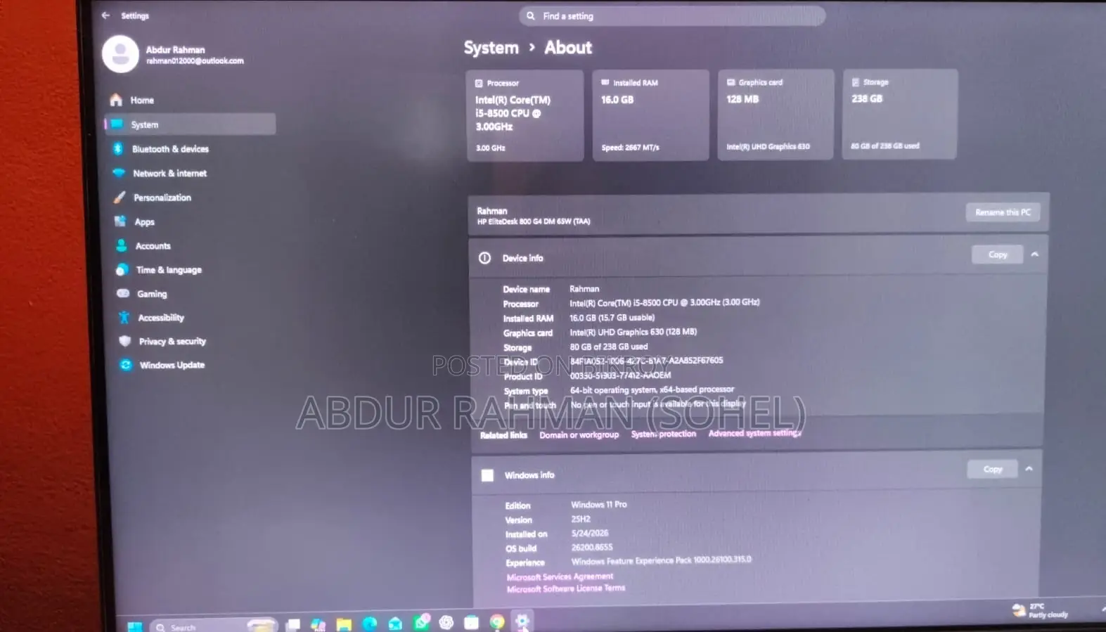Desktop Computer HP EliteOne 800 G6 16GB Intel Core I5 SSD 256GB