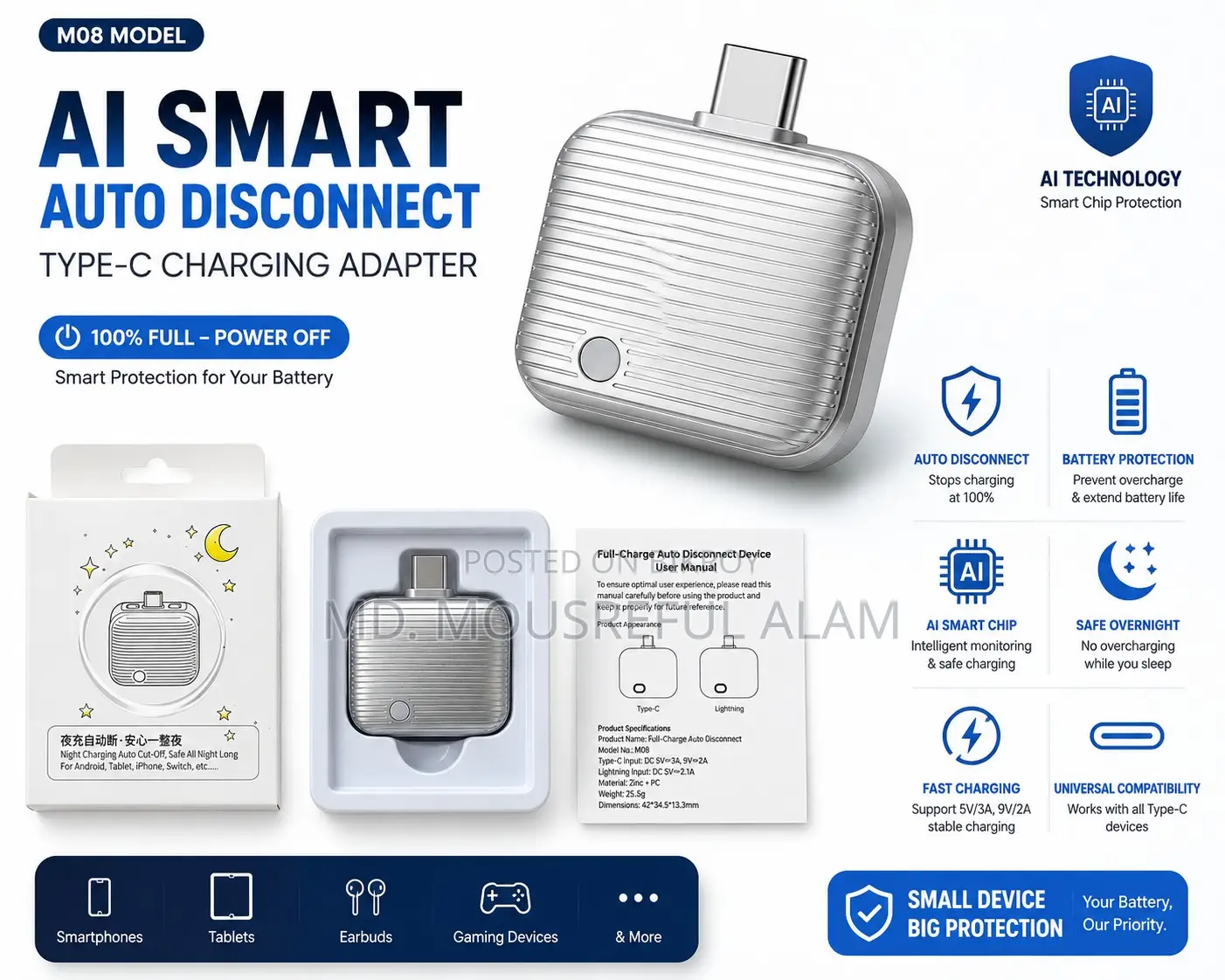 Ai-Powered Full Charge Auto Disconnect Adapter for Type-C Devices