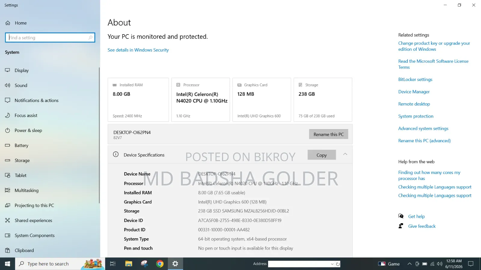 Laptop Lenovo 8GB Intel Celeron SSD 256GB